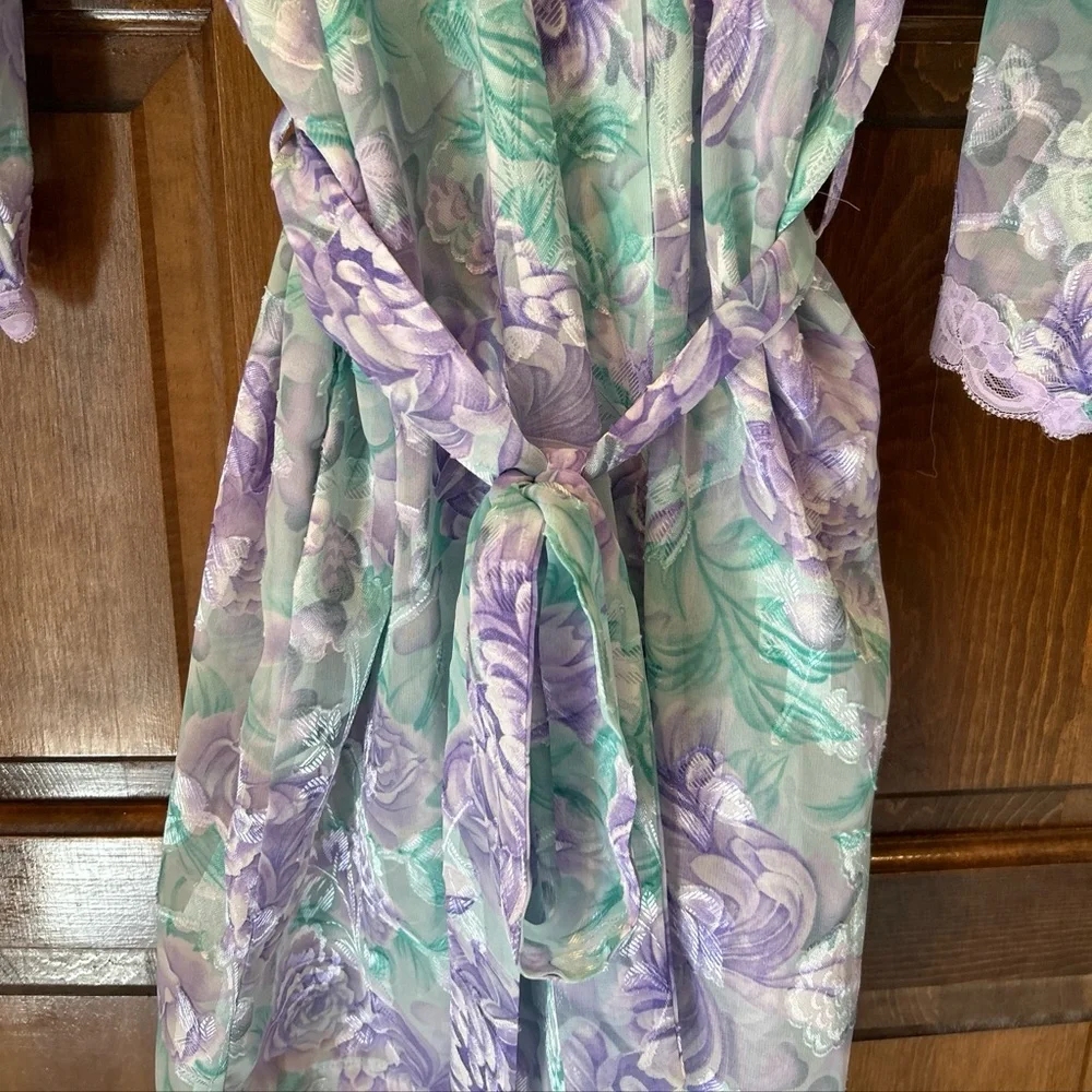 Vtg LA Intimates Robe Large Purple Green Floral Sheer Kimono Cottagecore 80s 90s